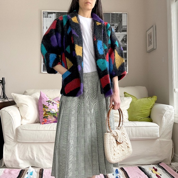 Colourblock colourful wool mohair blend chunky knit thick cardigan - Picture 2 of 15